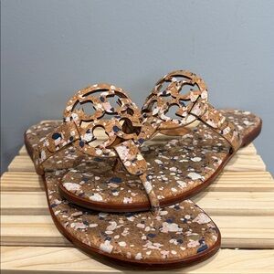 Tory Burch Miller Sandals Size 9 Cork Confetti Splatter Print Logo Thong Sandals